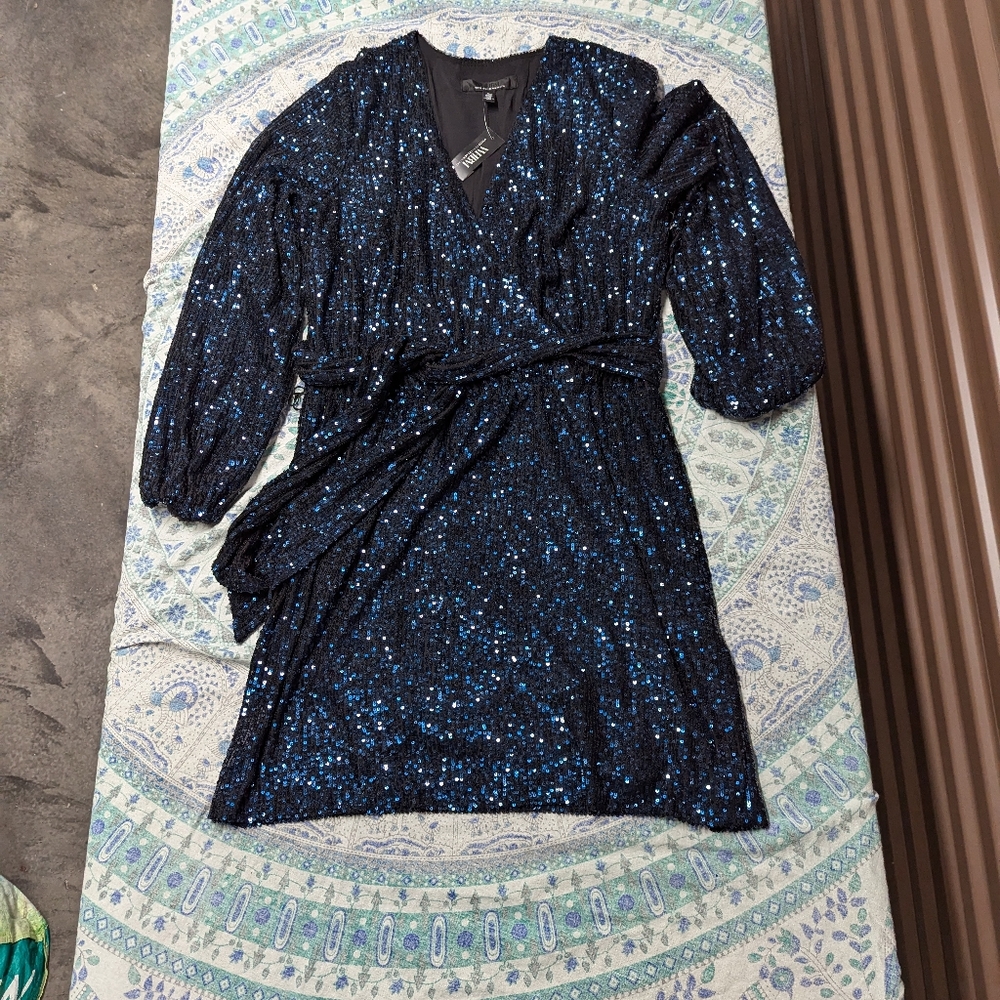 Old Hollywood Glam Blue Sequin Cocktail Party Long Sleeve Blouson Mini Dress - Picture 8 of 12